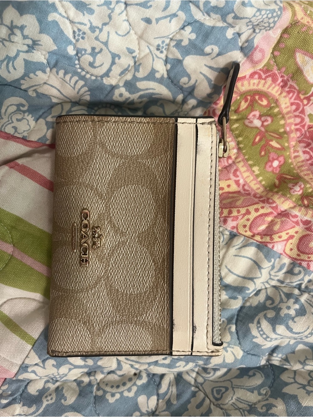 Coach Beige and White Logo Card Holder with Gold Hardware